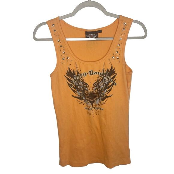 HARLEY DAVIDSON Orange Ribbed Graphic Logo Tank Top Size Large - Picture 1 of 6